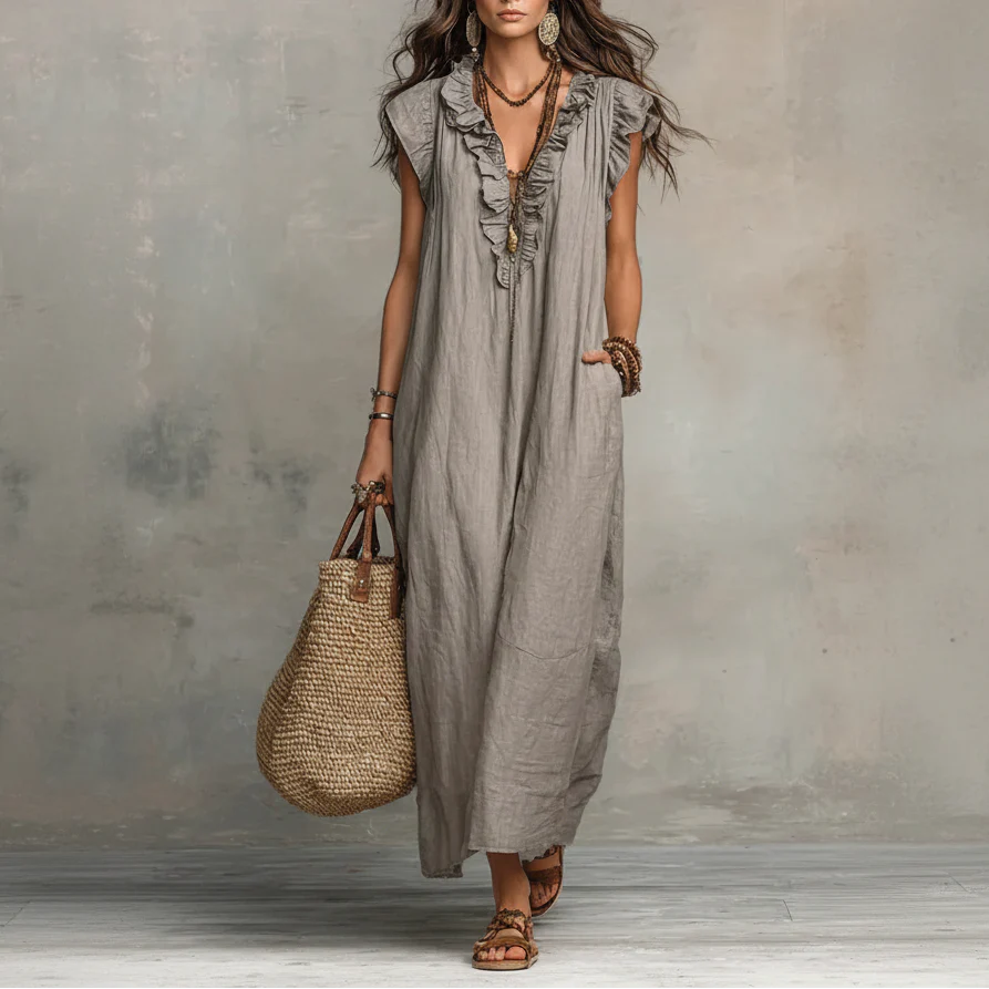 Zoey | Long Bohemian Dress in Linen and Cotton